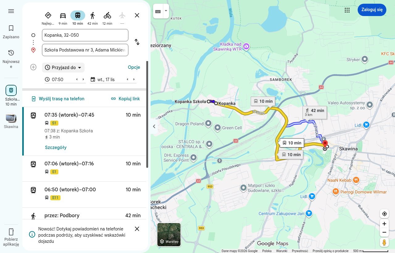 Google Maps po uruchomieniu: z Kopanki do Szkoły Podstawowej nr 3 w Skawinie 10 minut linią S1 / Google Maps after launch: Kopanka to Primary School No. 3 in Skawina in 10 minutes on line S1