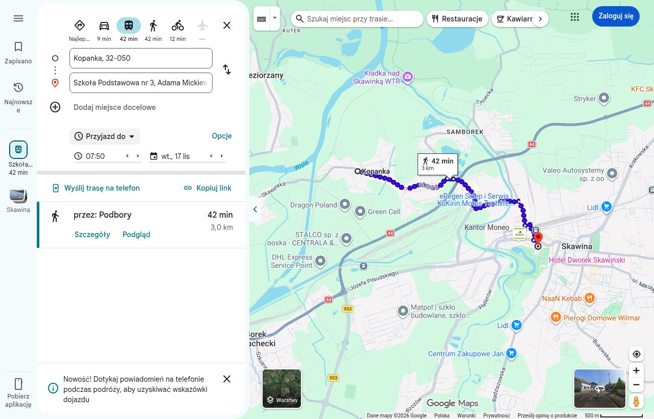 Google Maps przed uruchomieniem: z Kopanki do Szkoły Podstawowej nr 3 w Skawinie tylko 42 minuty pieszo / Google Maps before launch: Kopanka to Primary School No. 3 in Skawina, only a 42-minute walk