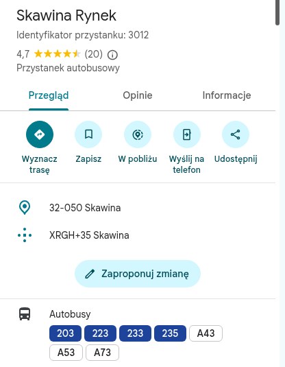 Przystanek Skawina Rynek w Mapach Google przed uruchomieniem: autobusy 203, 223, 233, 235, A43, A53, A73 / Skawina Rynek stop in Google Maps before launch: buses 203, 223, 233, 235, A43, A53, A73